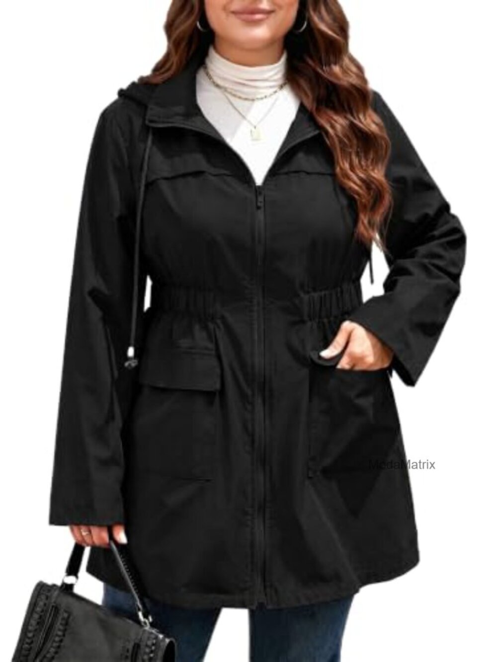 Women's Plus Size Long Anorak Windbreaker Zip Hooded Utility Jacket